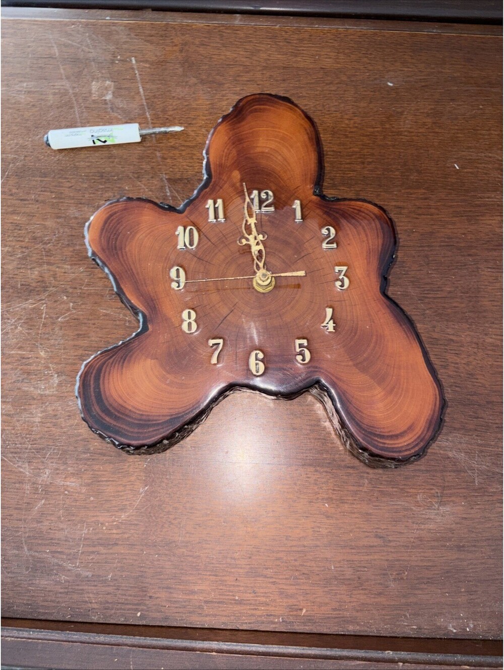 Vtg Live Edge Wood Tree Slice Slab Wall Clock Burl Resin High Gloss MCM 1970s
